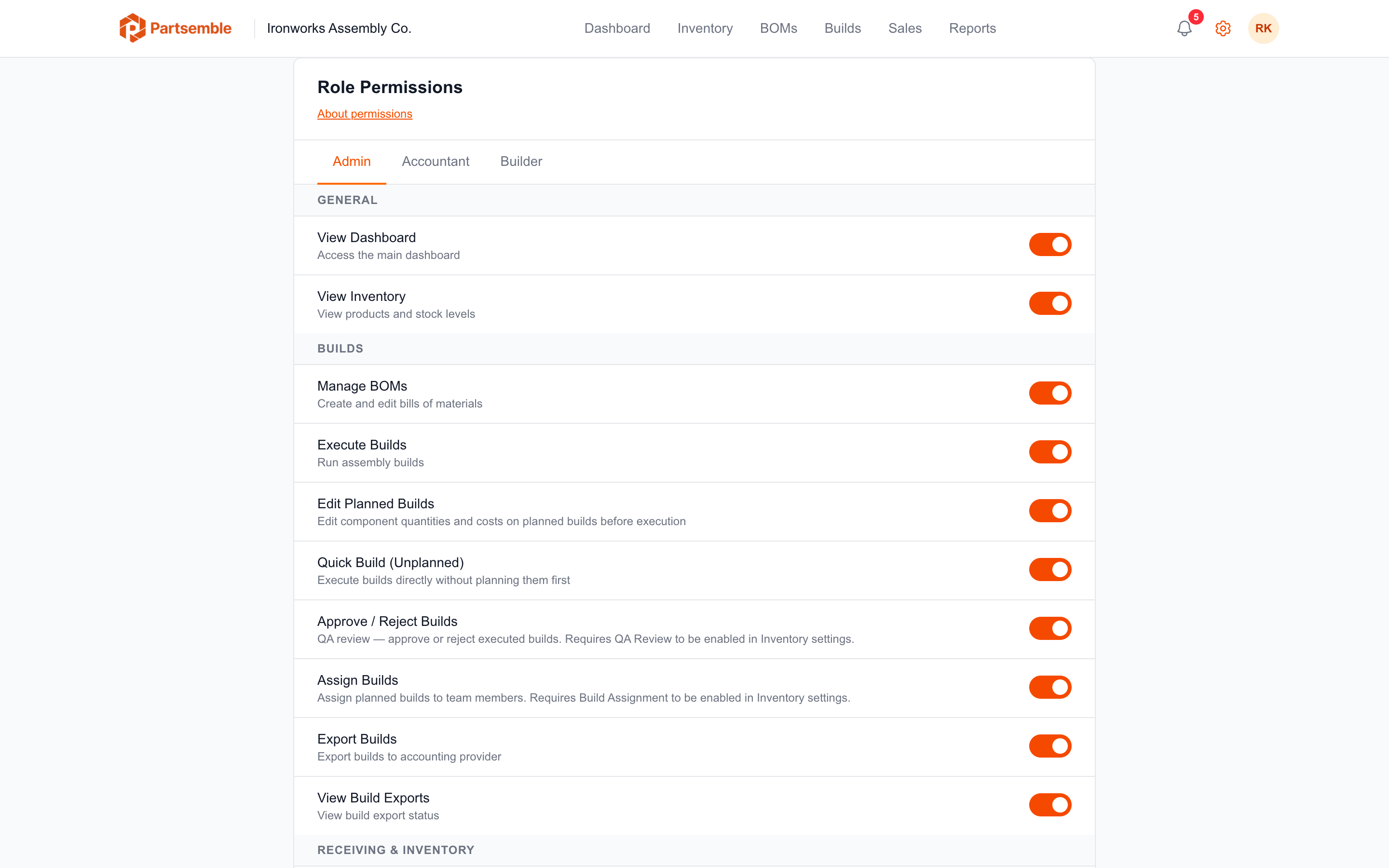 Settings Permissions page listing roles and their assigned capabilities