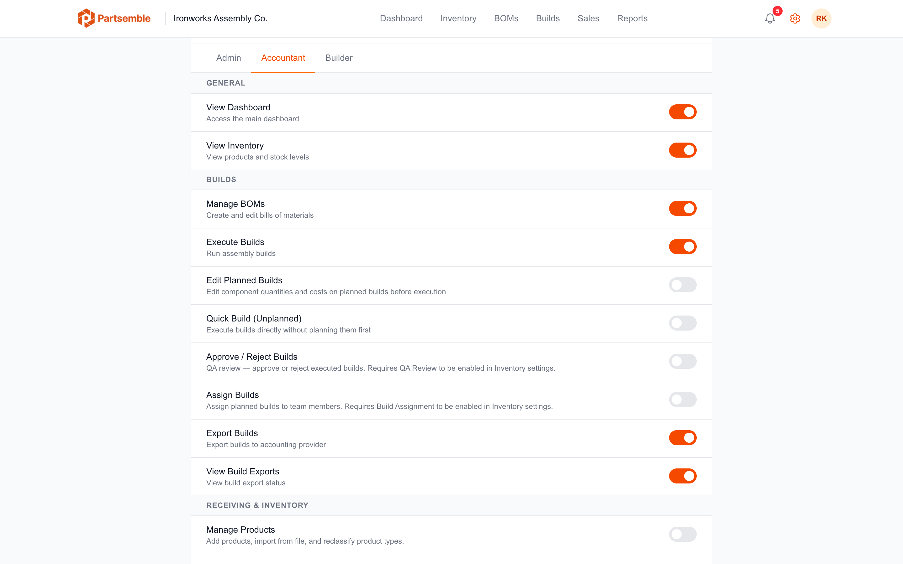 Permissions grid comparing capabilities across Admin, Accountant, and Builder roles