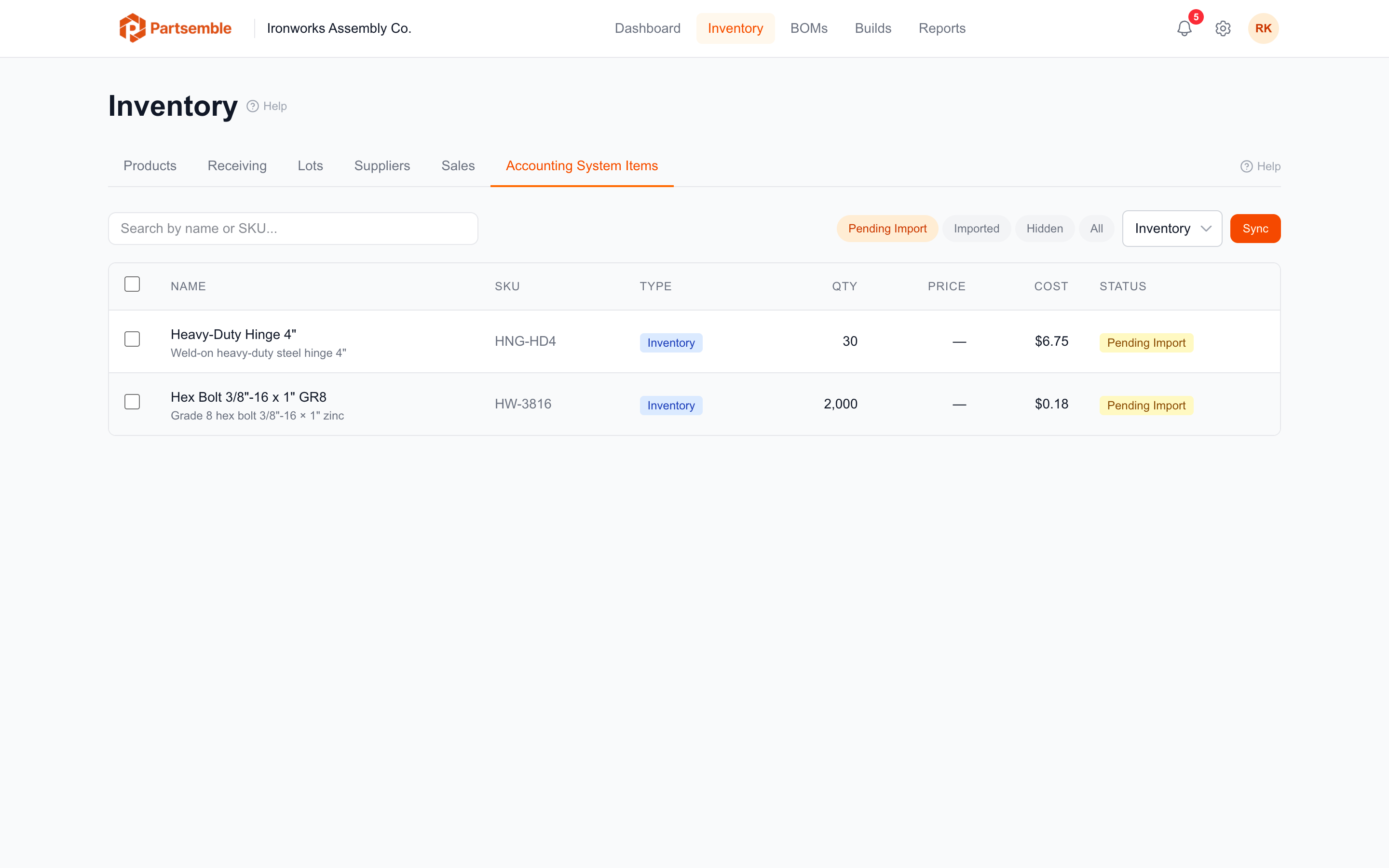 Settings Sync Items page showing accounting items ready to sync or import