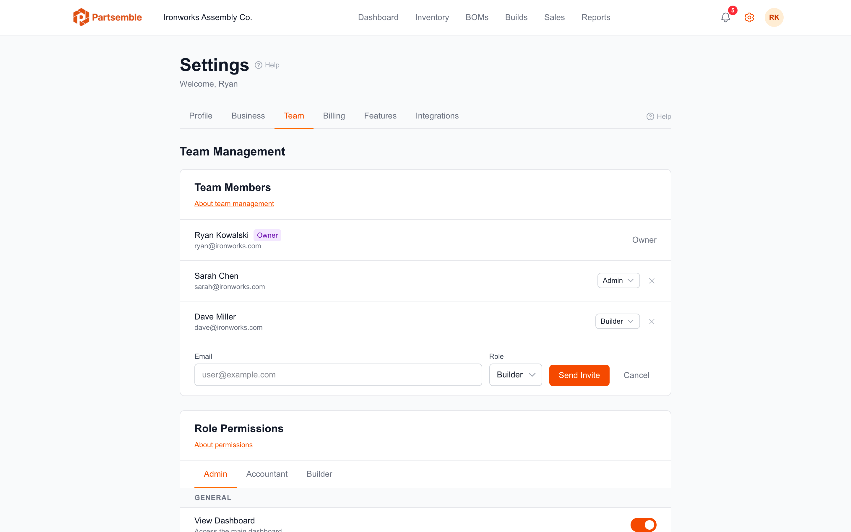 Team member invitation modal with email and role selector