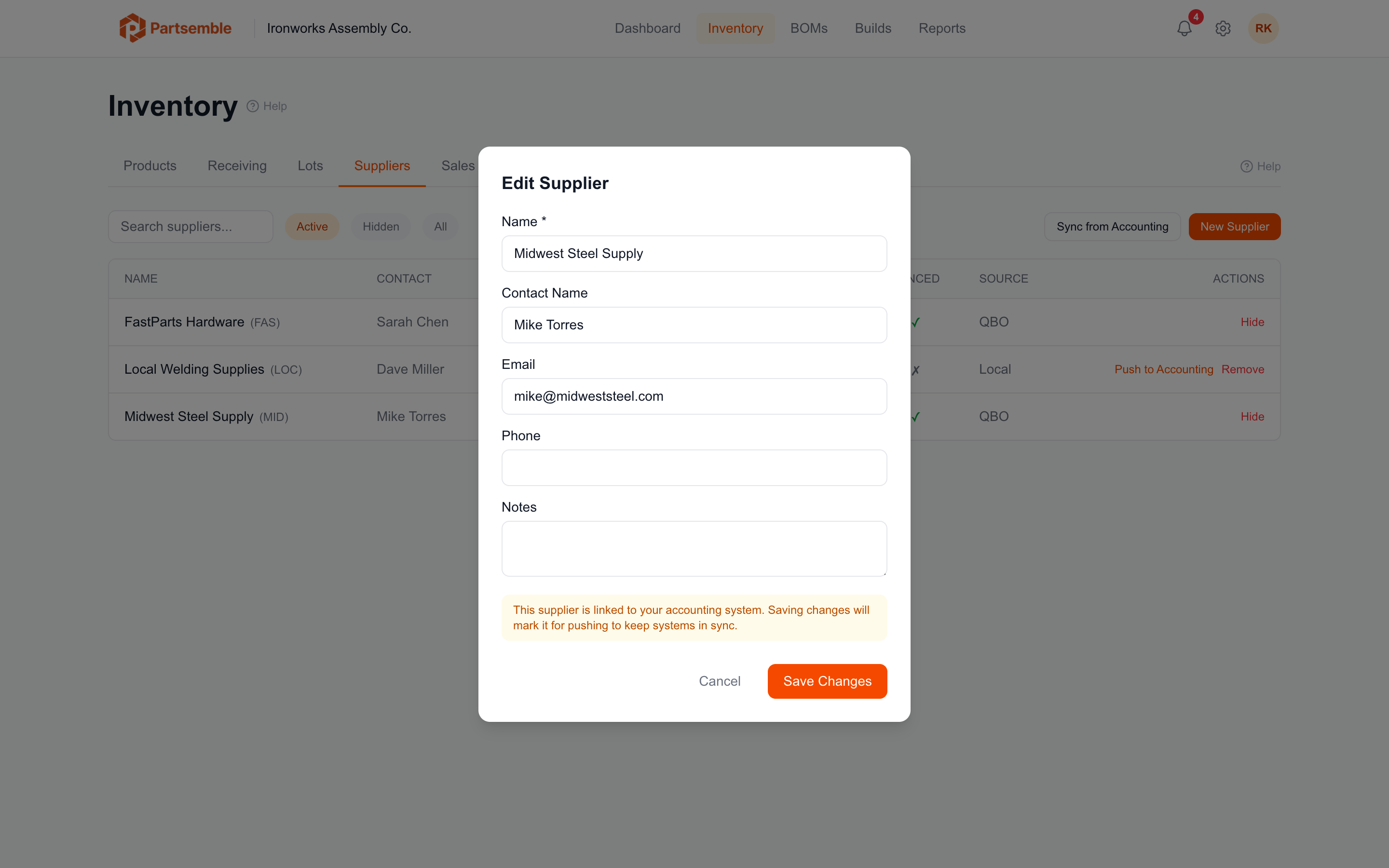 Supplier edit modal with name, slug, and contact fields
