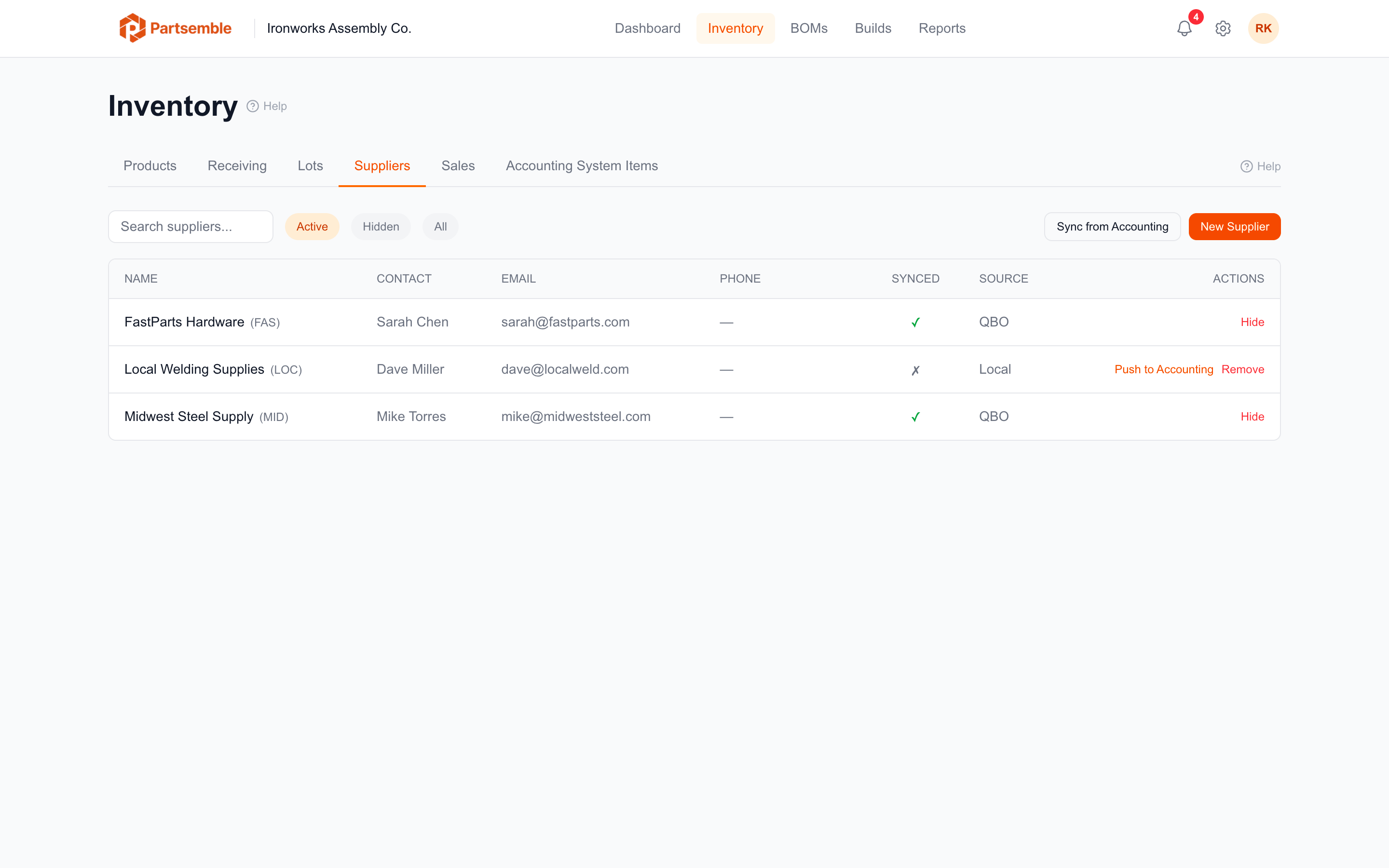 Suppliers list page with vendor names, codes, and contact details