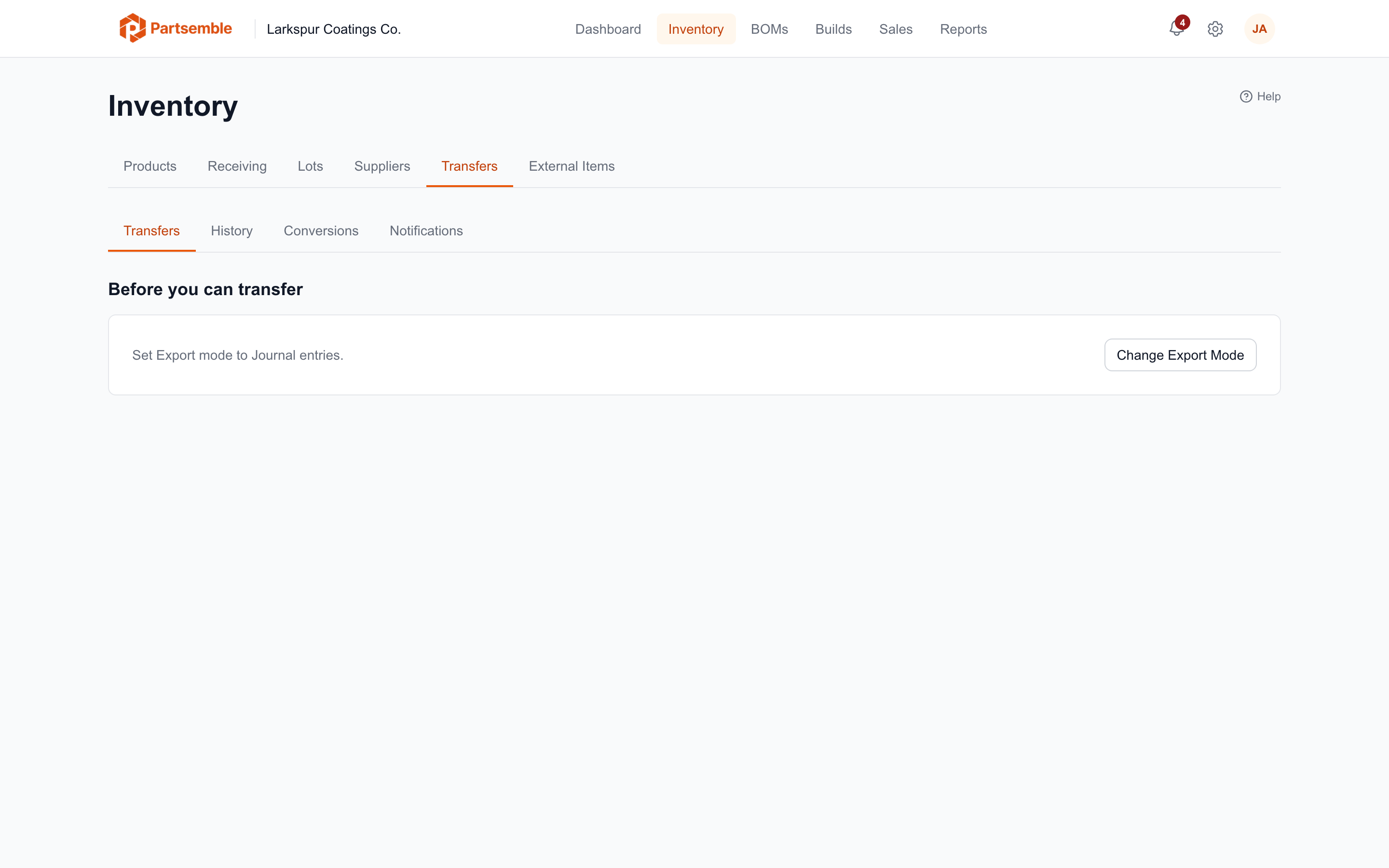 Inventory → Transfers in Larkspur Coatings Co. with Export mode on Inventory adjustments: Before you can transfer in place of the builder, with the line "Set Export mode to Journal entries." and a Change Export Mode button, and the History, Conversions and Notifications sub-tabs still there